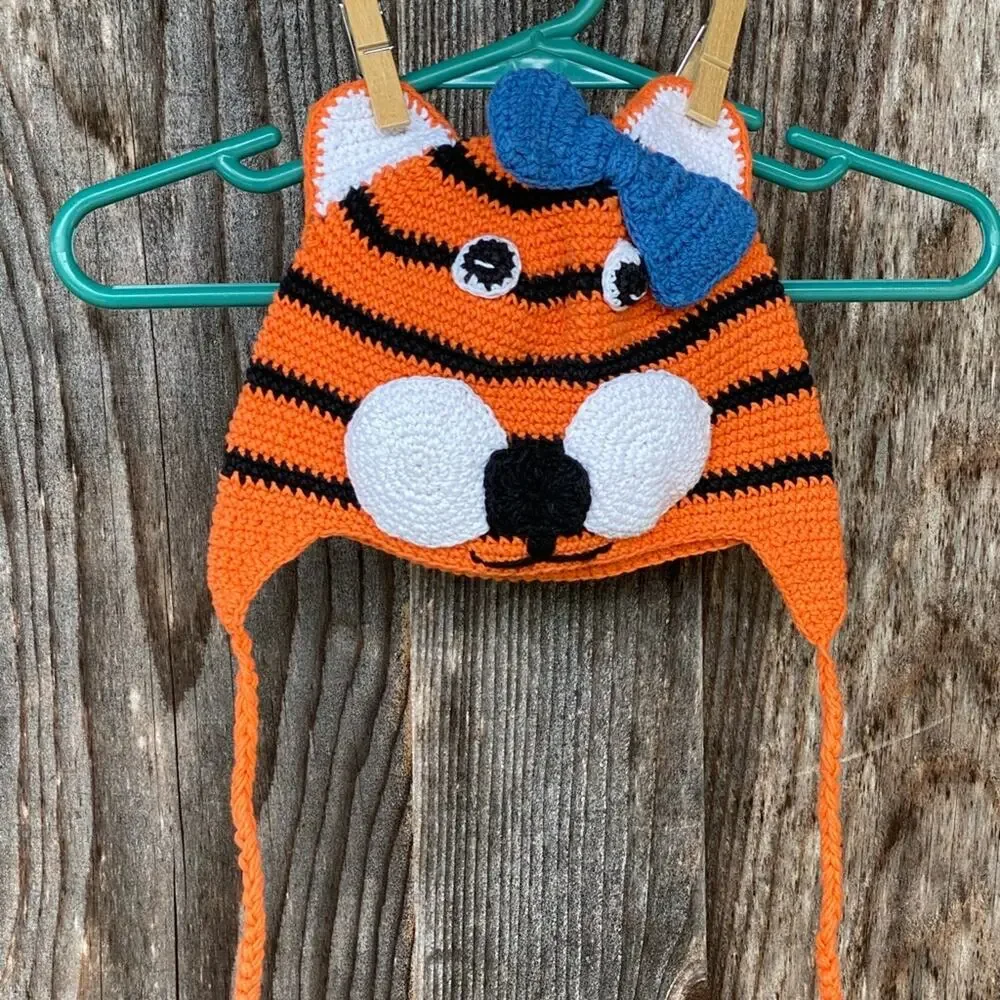 CUTE Orange Crochet Tiger‎ Face Infant Hat Ties
